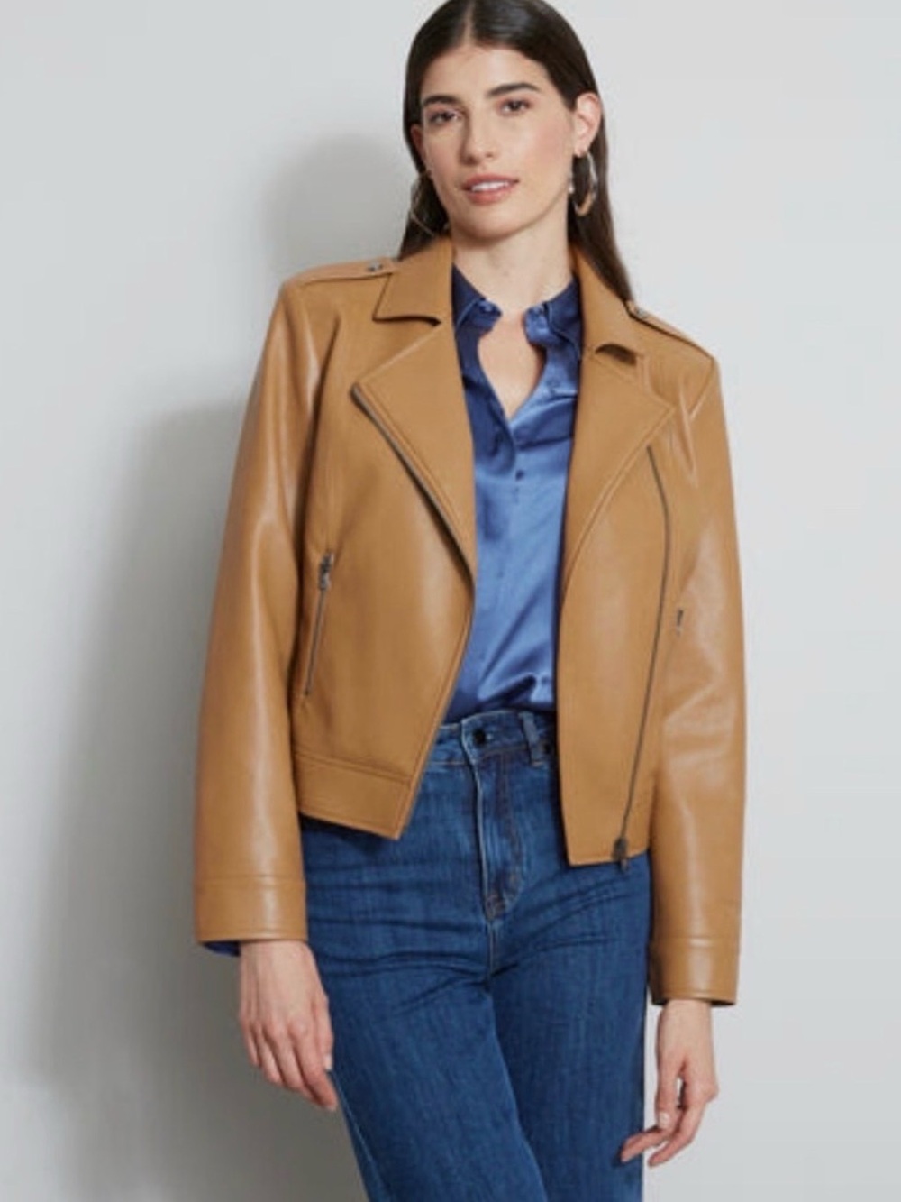 Elie Tahari Vegan Leather Moto Jacket in Saddle Color, Large